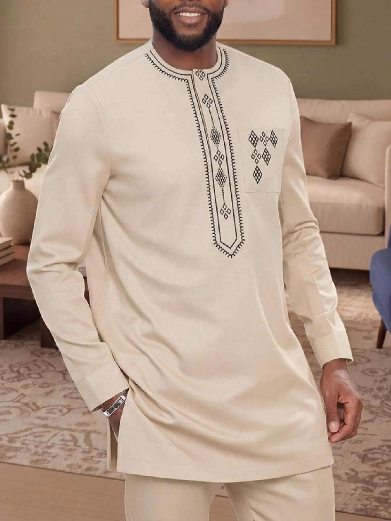 Men's 2-Piece Casual Set, Round Neck, Embroidery, Hidden Buttons, Pockets, Split Hem Long Sleeve Top, Drawstring Pants, All Seasons Fashion