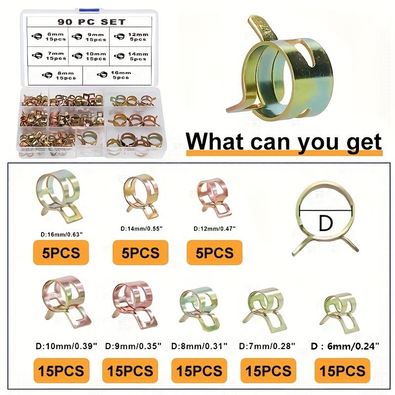 90pcs Spring Hose Clamp Assortment Kit Includes Spring Band Action Clamps for Fuel, Vacuum Hose, And Low-pressure Air Applications. Sizes Available: 6mm, 7mm, 8mm, 9mm, 10mm, 12mm, 14mm, And 16mm.