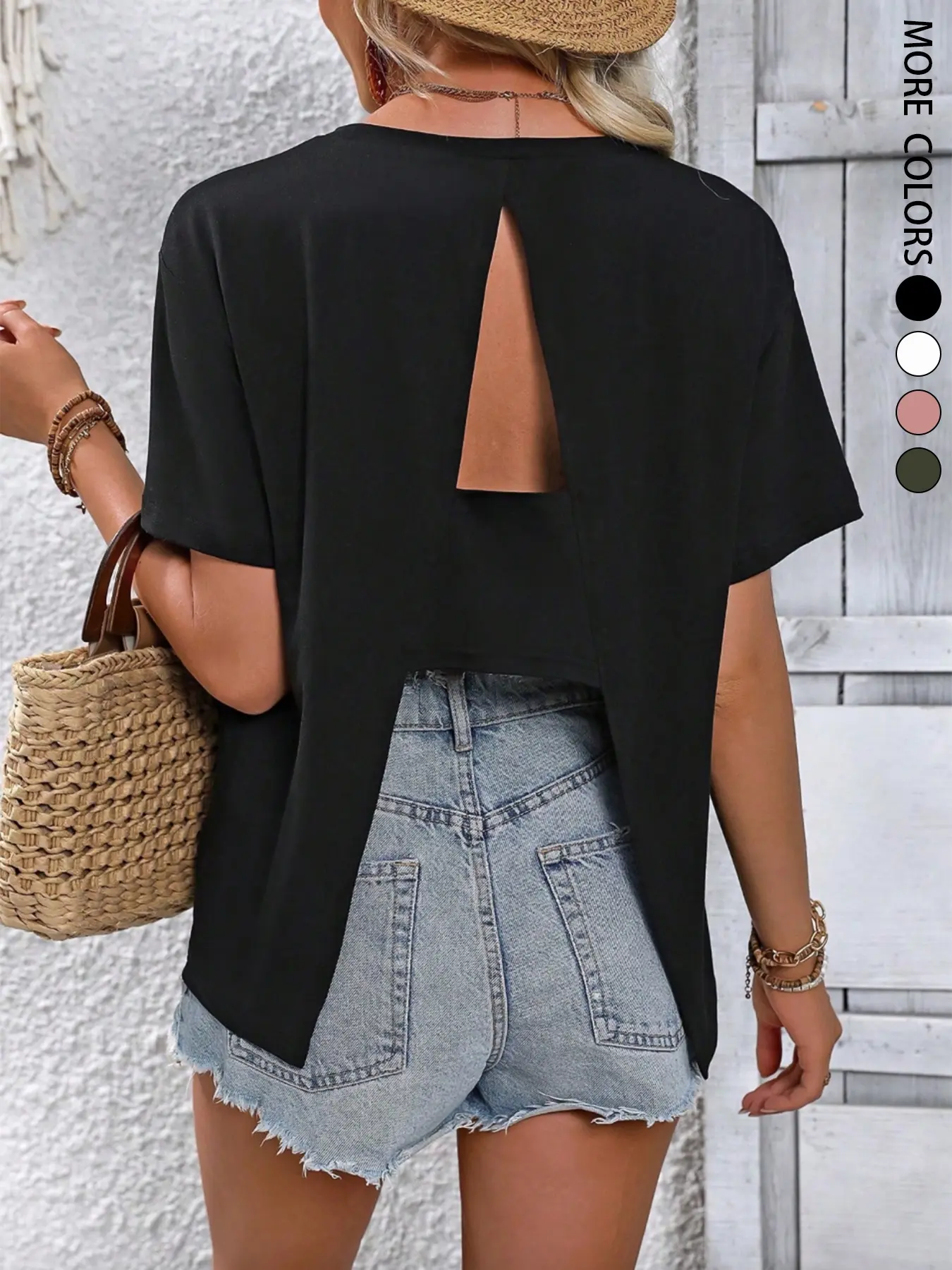 Women's Solid Color Round Neck Short Sleeve Casual Streetwear Loose Fit Minimalist T-Shirt With Back Slit，Stylish Casual Comfy Top, Comfortable Daily Wear, Trendy Fashion Essential, Perfect for Summer