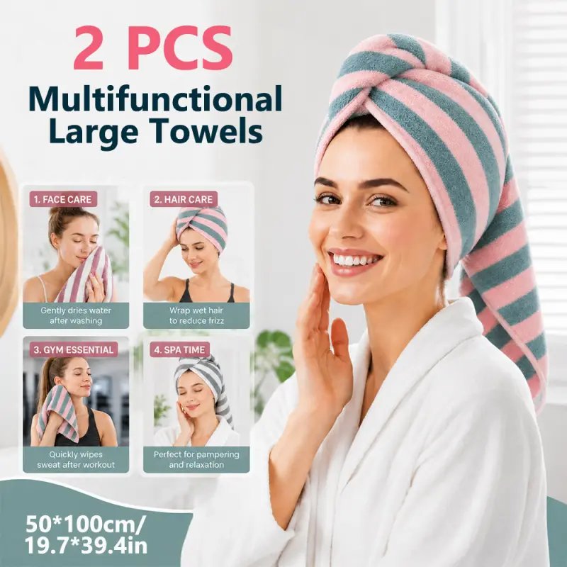 2pcs Multifunctional Large Hand Towels, Versatile Hair-Drying Towels, Quick-Absorbing, Fluffy And Soft, Coral Fleece, 50 X 100 Cm / 19.7 X 39.4 Inches, Gift for Friends, for Vacation, Bathroom, SPA, Hotel, Gym