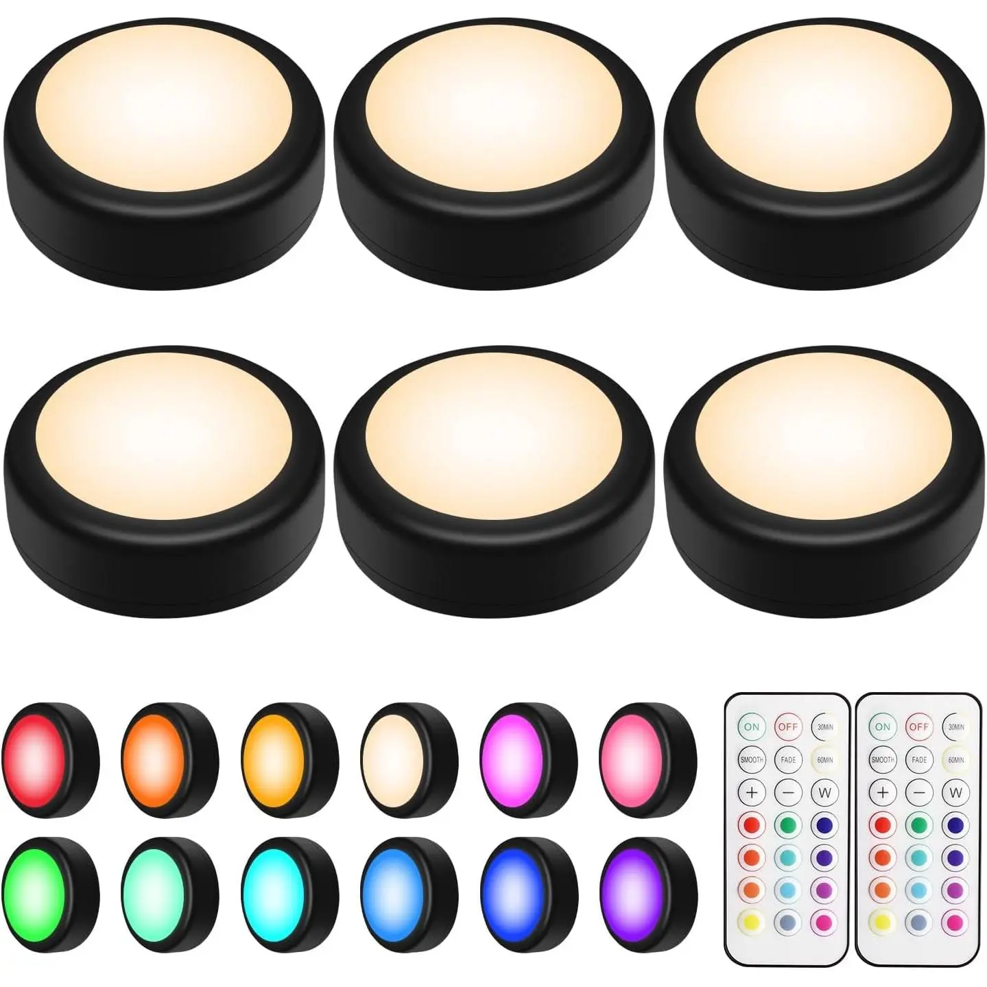 6-Pack Black LED Puck Lights - Wireless Remote-Control Indoor Under Cabinet & Closet Lighting, AA Batteries Operated Stick-On Lights with Dimmer, Timer & Push-Touch Activation for Night Use