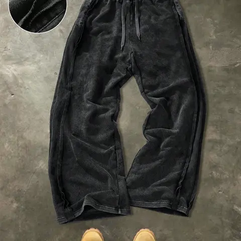 Men's Washed Vintage Hem Side Drawstring Oversized Baggy Wide Leg Sweatpants, American Retro Flowy Loose Fit Straight Leg Long Pants, Relaxed Pants, Trouser, Street Pants