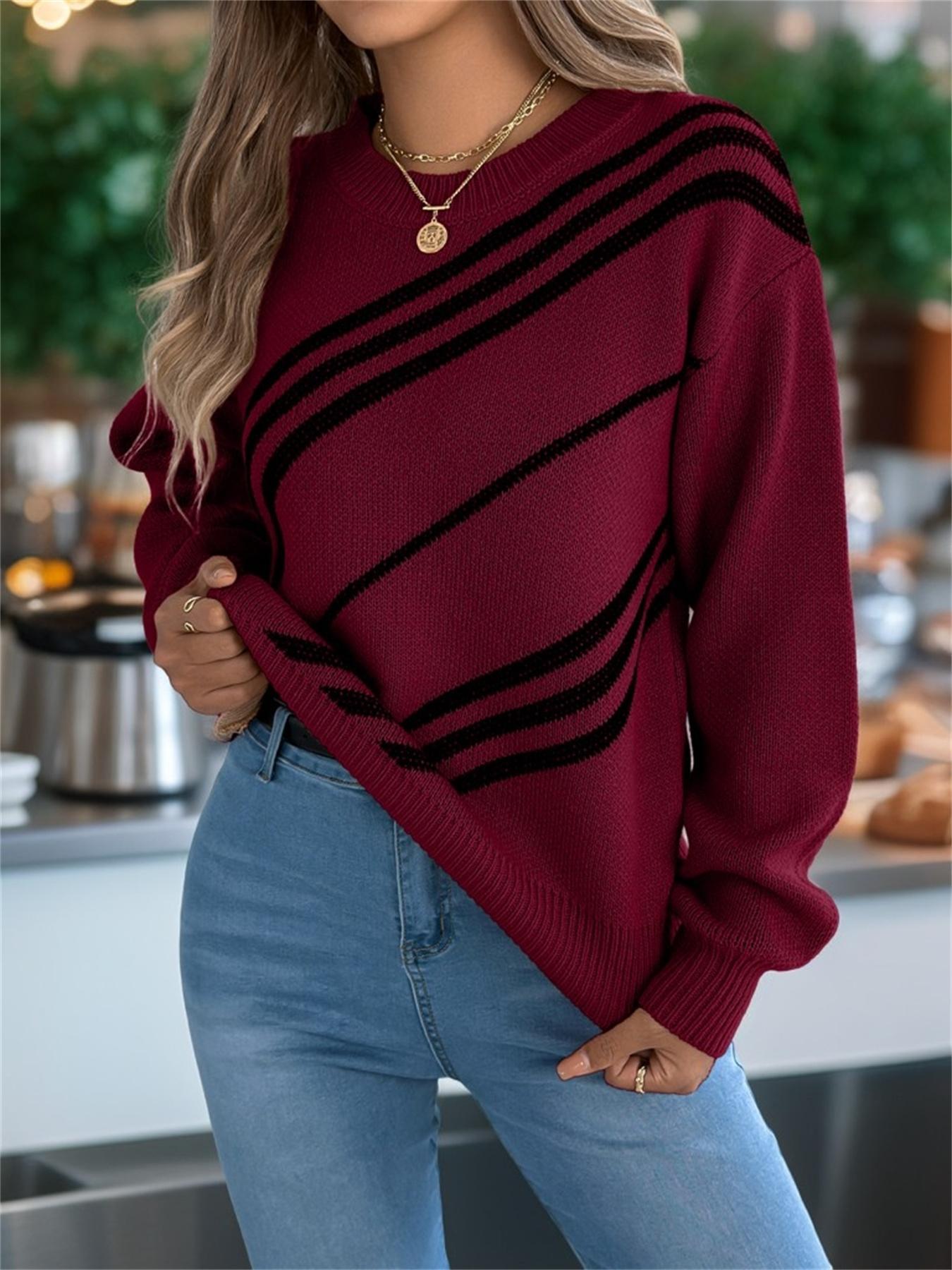 Women's Colorblock Drop Shoulder Fitted Sweater Tops, Casual Long Sleeve Round Neck Jumper for Fall & Winter, Fashion Ladies' Knitwear for Daily Wear