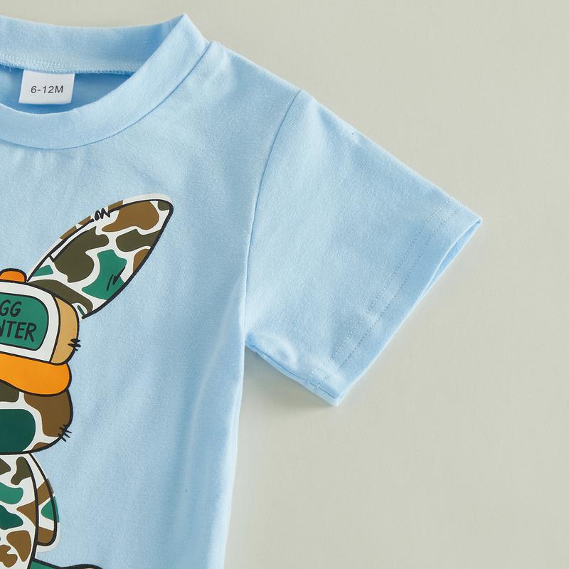 Kids Boys Shorts Set, Short Sleeve Rabbit Print T-shirt with Camouflage Shorts Easter Clothes Summer Outfit