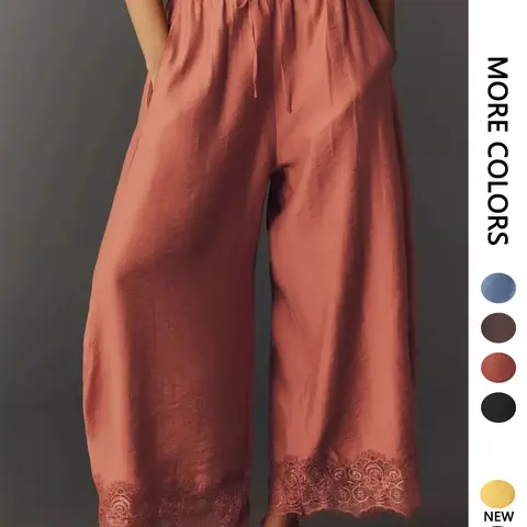 Women's Long Pants Lace Patchwork, Asymmetrical Hem, Pocket Elastic Waist, Printed Nine-Inch Pants, Summer Loose Wide Leg Pants Bottoms