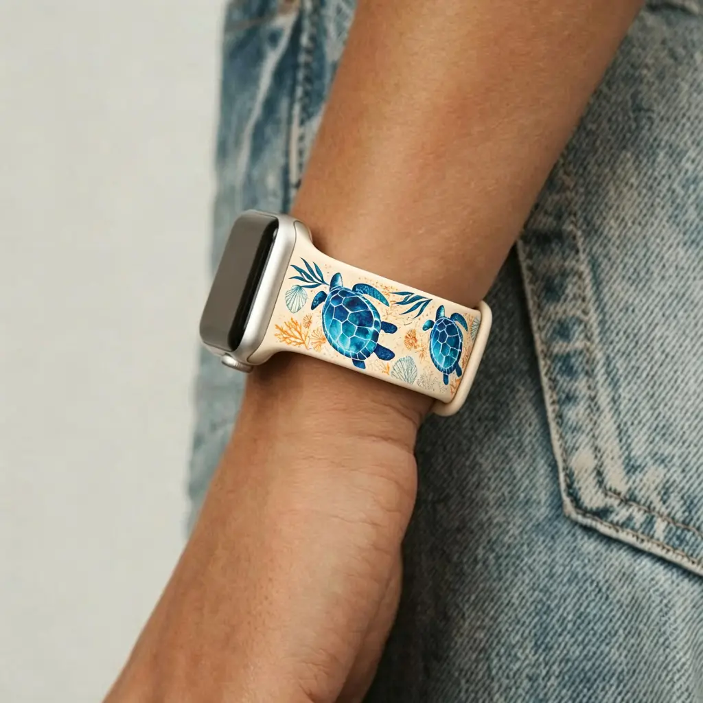 Sand Beige Watercolor Blue Sea Turtle Print Silicone Watch Band, Coastal Ocean Replacement Strap, Soft Summer Beach Wrist Accessory