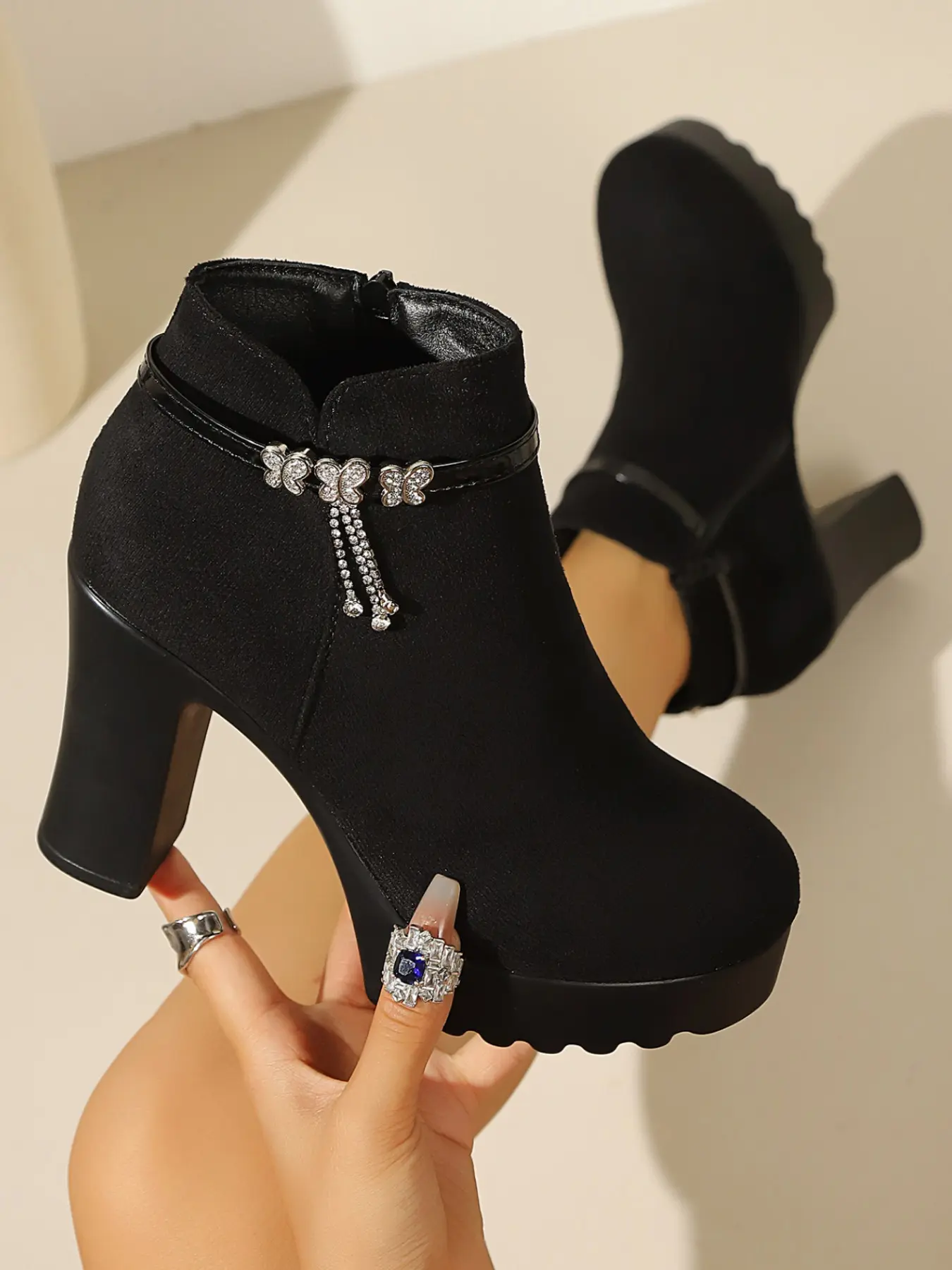 Women's Elegant High Heel Short Boot, Faux Suede Upper, Thick Platform, Round Toe, Glitter Rhinestone, Back Zipper, Winter Ankle Boot, Rhinestone Bootie