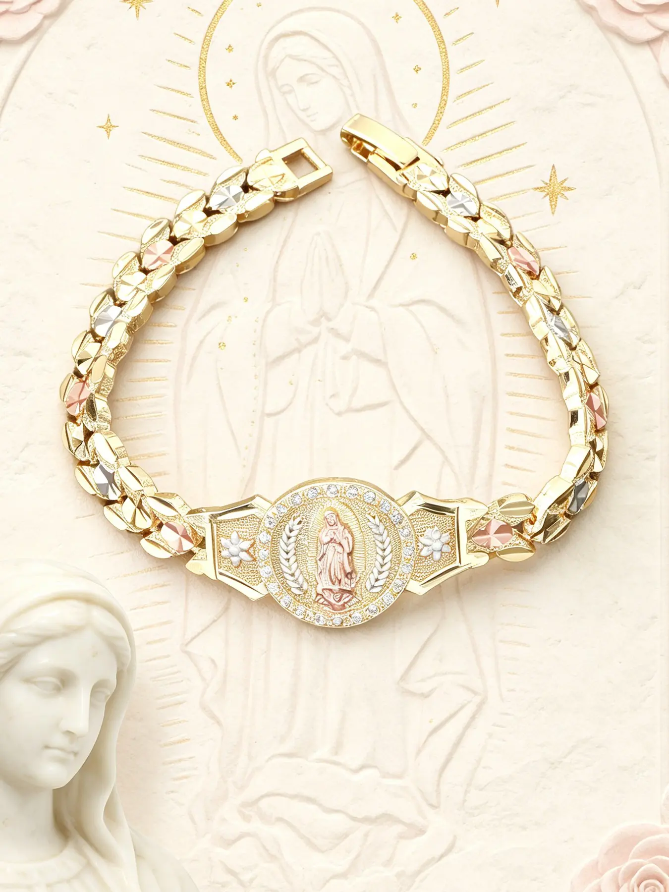 1Piece Copper Tri-Color Virgin Mary Bracelet, Copper Chain Bracelet, Metal Bracelet - Elegant Religious Jewelry, Faith Jewelry, Sparkling Zircon and Flower Inlay, Unisex, as Christian Jewelry Gifts, Catholic Accessories, Spiritual Gifts