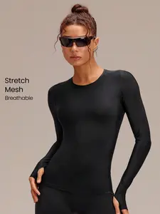 GLOWMODE Stretch Mesh AirFlex Fitted Compression Breathable Hip-Length Stay-Put Contrasting Back Logo Long Sleeve Top Training Running Workout Gym Fitness Wear
