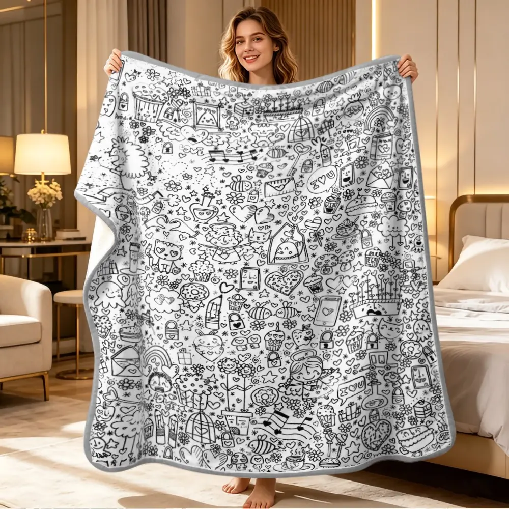Healing Hand Drawn Graffiti Blanket, Modern Style Bedroom Decor, Creative Digital Print Flannel, Multi-Purpose Soft Throw Blanket, Cozy Warm Blanket, Decorative Blanket