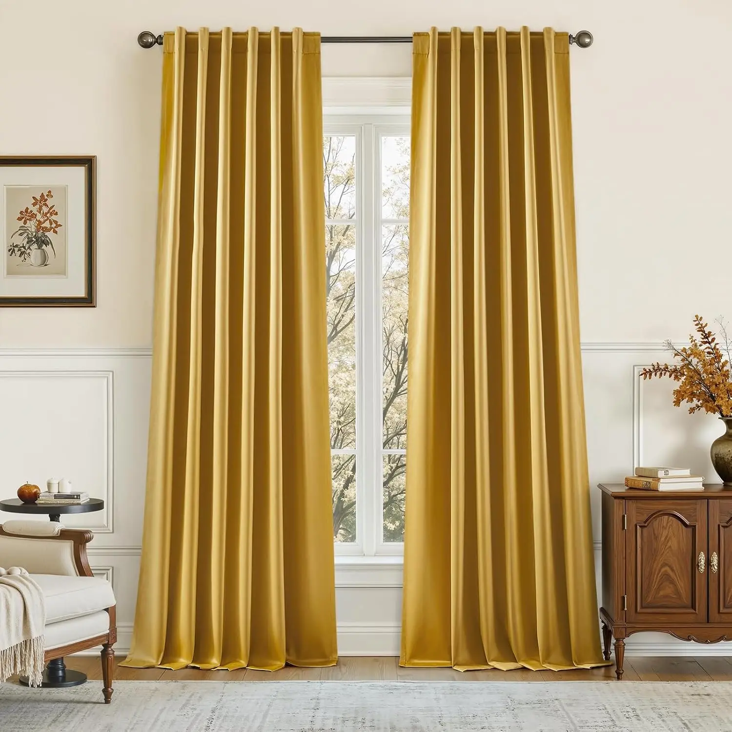 100% Blackout Faux Silk Curtains,Gold Noise Reduction Thermal Room Darkening Window Decor, Luxury Vintage Drapes for Bedroom Living Room Dining Nursery, 52 X 84 Inch, 2 Panels