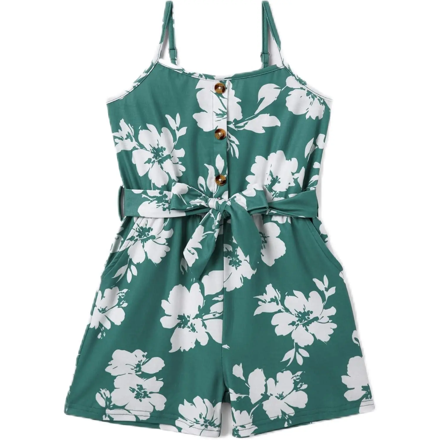 Kids Clothing Girls Plain Hawaiian Cami Spaghetti Strap Rompers with Pockets, Belt, Buttons - 5T to 14 Years (5-6 Years Included) Teen Party Wear for Daughter, Granddaughter (Ideal Gift)