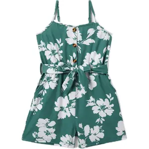 Girls Summer Rompers with Pockets 5-14 Years Cami Spaghetti Strap Hawaiian Romper with Belt(Gift)