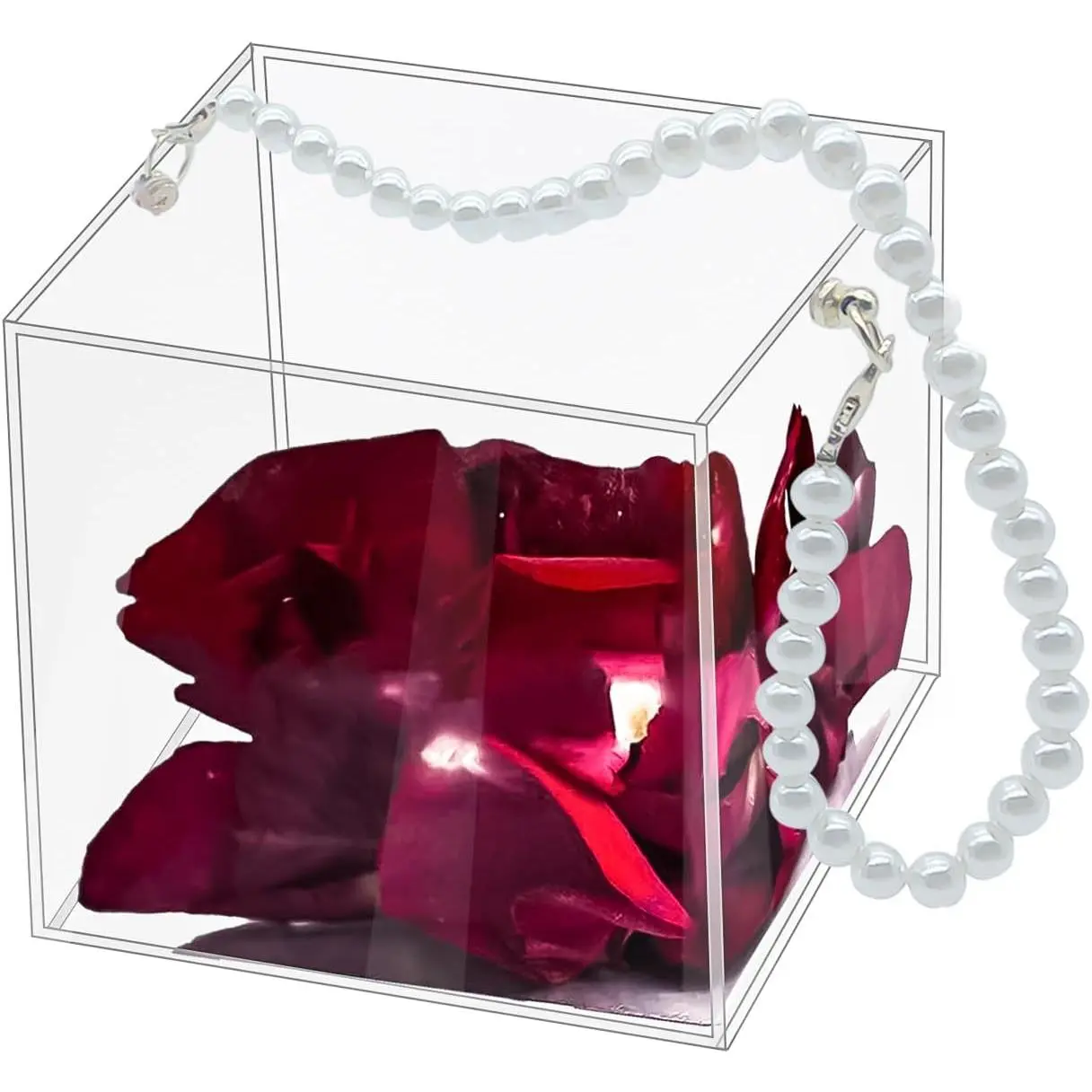 Flower Girl Wedding Petal Basket with Ribbon Acrylic Flower Holder for Confetti (Pearl)