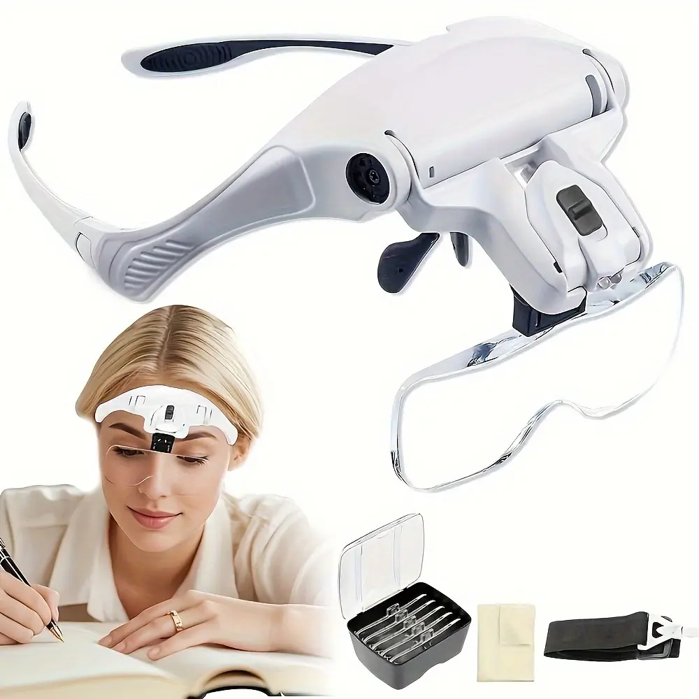 Head-mounted Magnifier with LED Illumination, Model Making Magnifier.Adjustable Headband, 5 Interchangeable Lenses 1.0X/ 1.5X/ 2.0X/ 2.5X/ 3.5X for Reading, Maintenance, Jewelry Processing, Electronics Maintenance.