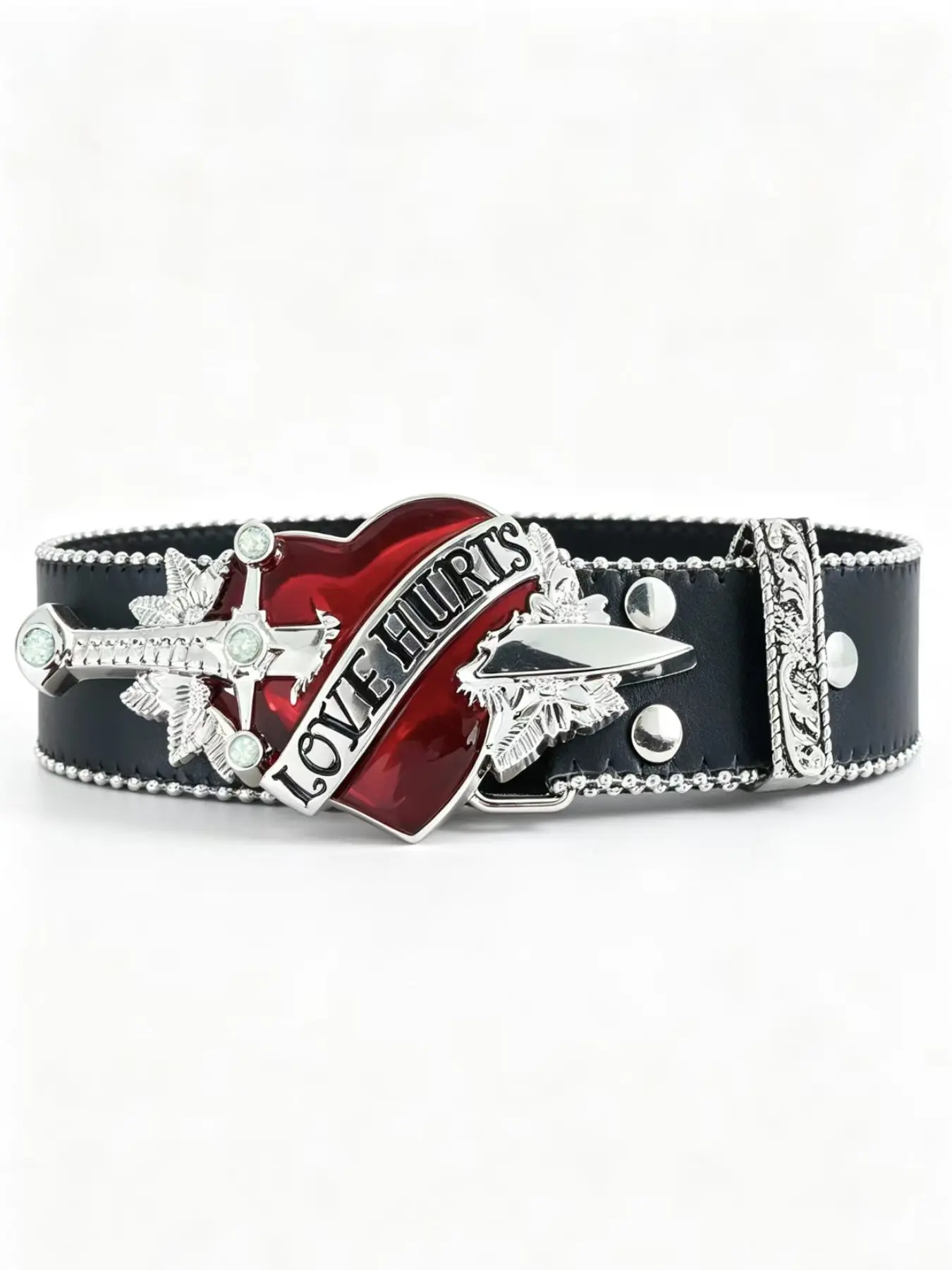 Streetwear Cool Heart Sword Rhinestone Alloy Buckle PU Belt, Full Diamond Rivet Decoration, Versatile Wide Waistband, Fashionable Accessory
