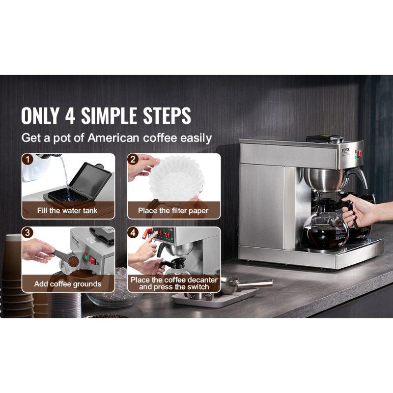 VEVOR 12 Cups Commercial Drip Coffee Maker, Coffee Maker Machine with 3 Glass Carafes and 3 Warmer Plates, Stainless Steel Pour Over Coffee Brewer with Auto Water Intake, for Restaurant Office Cafe