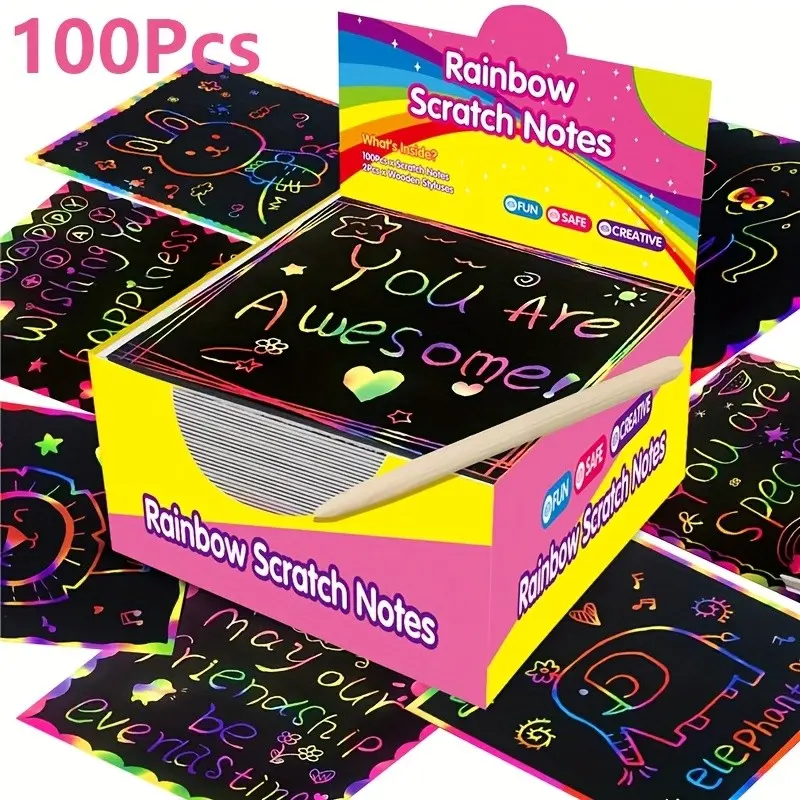 100 Rainbow Scratch Cards Art Set, Handmade, DIY, Hidden Designs, Vibrant Colors, Fun Craft Gift, Art Craft Kits, Diy Handmade Crafts, Perfect for Parties, Birthdays, Halloween, Christmas