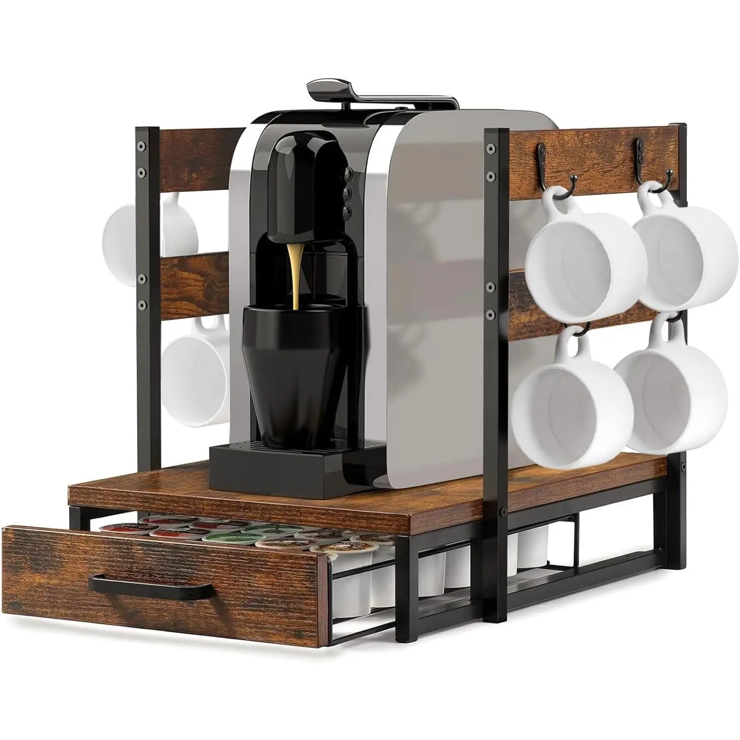 K Cup Holder, 35 Pod Capacity, Coffee Pod Holder Compatible with Keurig, Coffee Station Organizer for Countertop with Cup Rack, Rustic Brown