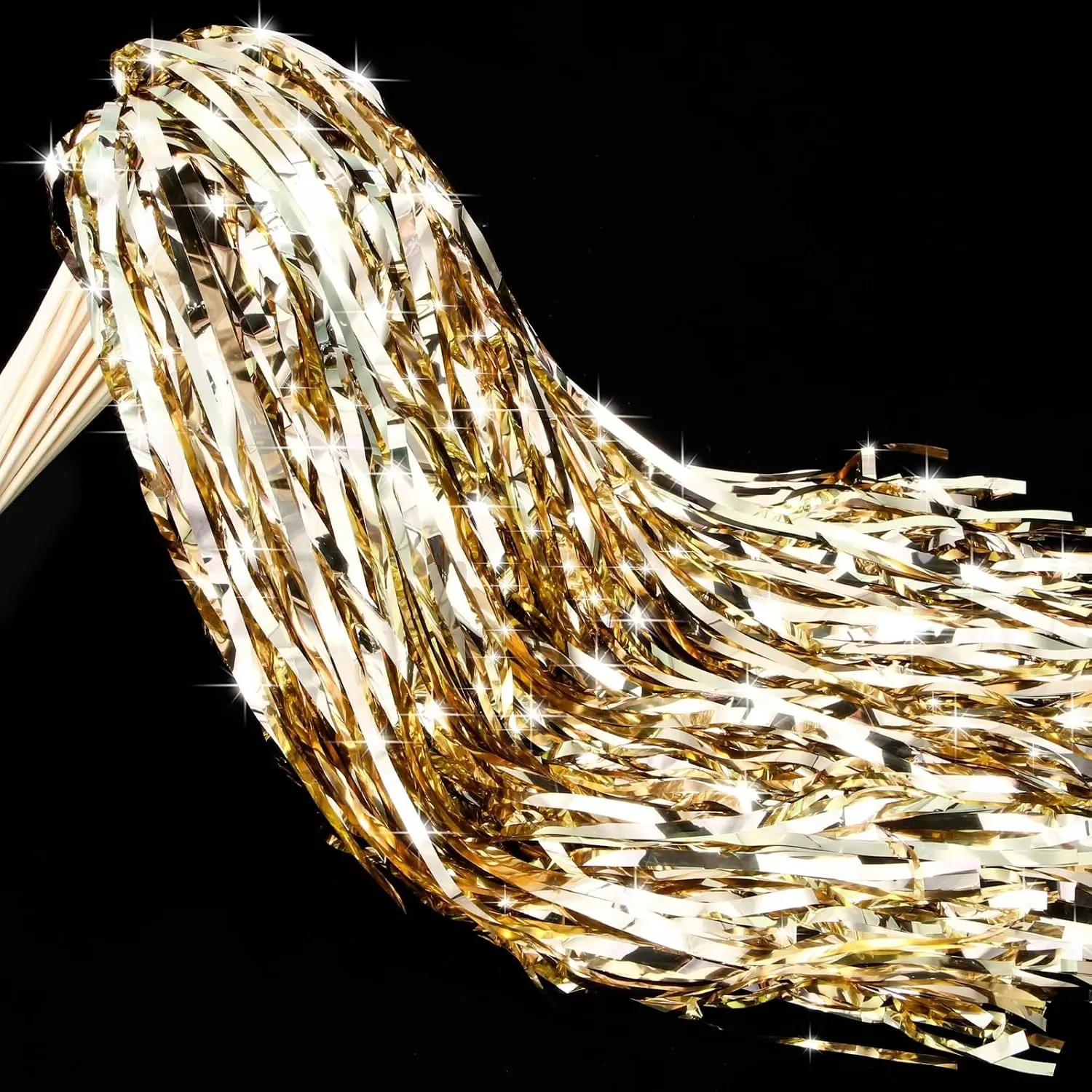 100 Pcs Glittery Wedding Fairy Wands with Bells Foil Tinsel Ribbon Stick Party Streamers for Bridal Wedding Send Off Holiday Celebration Champagne Gold