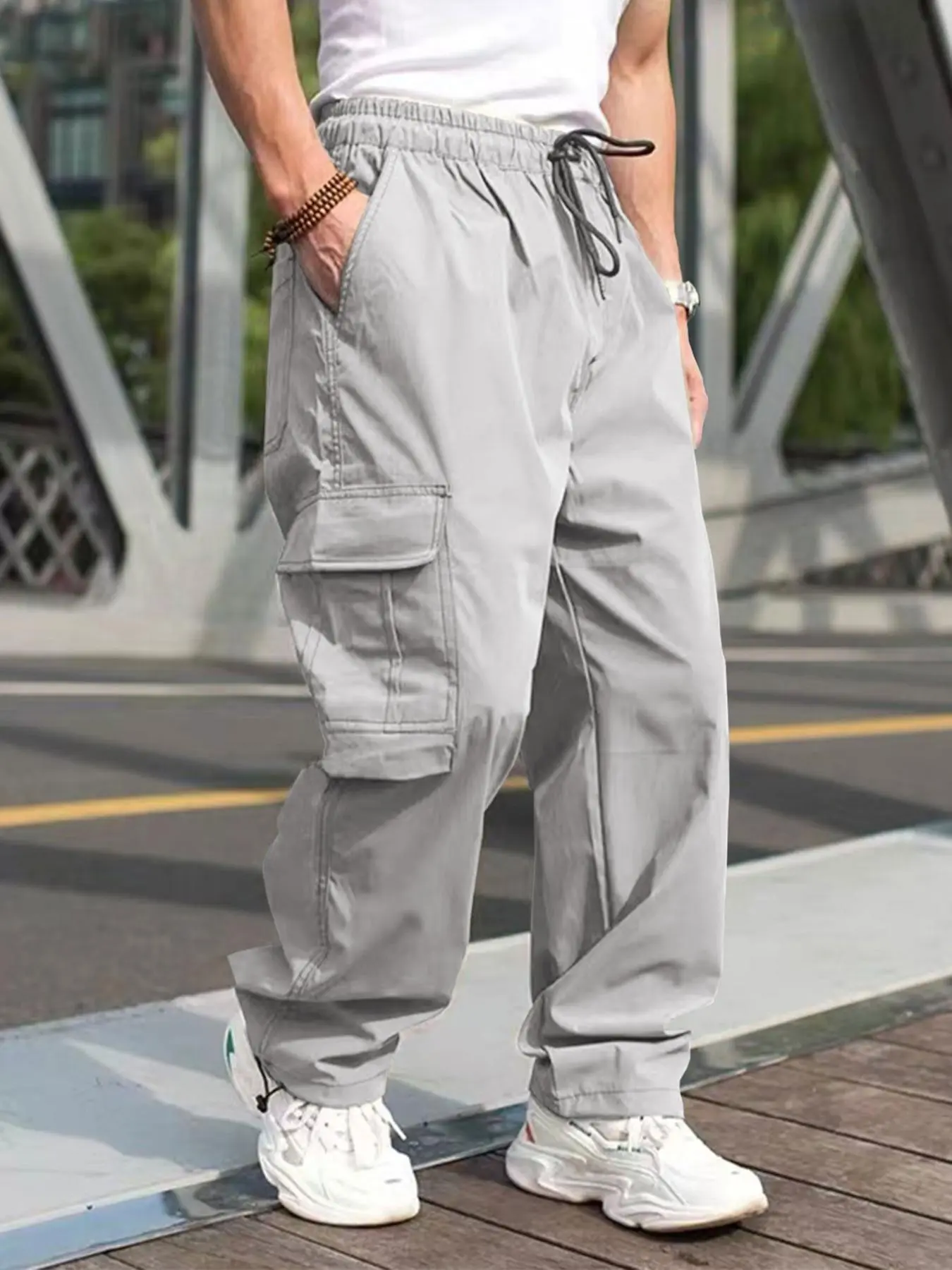Men's Work Pants, Multi-Pocket Cargo Pants, Drawstring Elastic Waist, Straight Leg Design, Comfortable & Durable