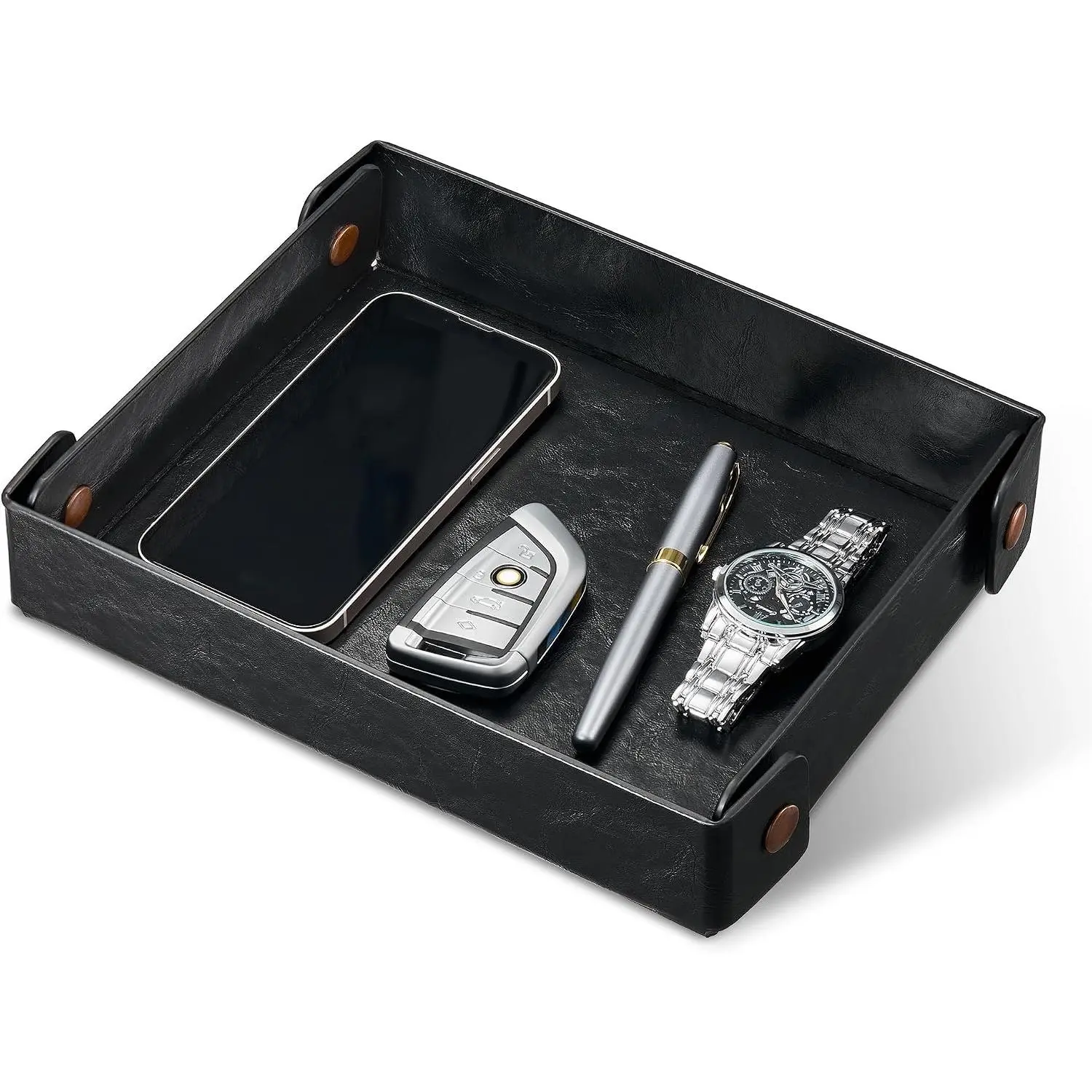 Valet Tray Organizer, Faux Leather Key Storage Tray, Catch  | Black | for Entryway, Desk, Nightstand, Dresser, Travel Storage | for Key, Wallet, ,  change, EDC |  for Men & Women