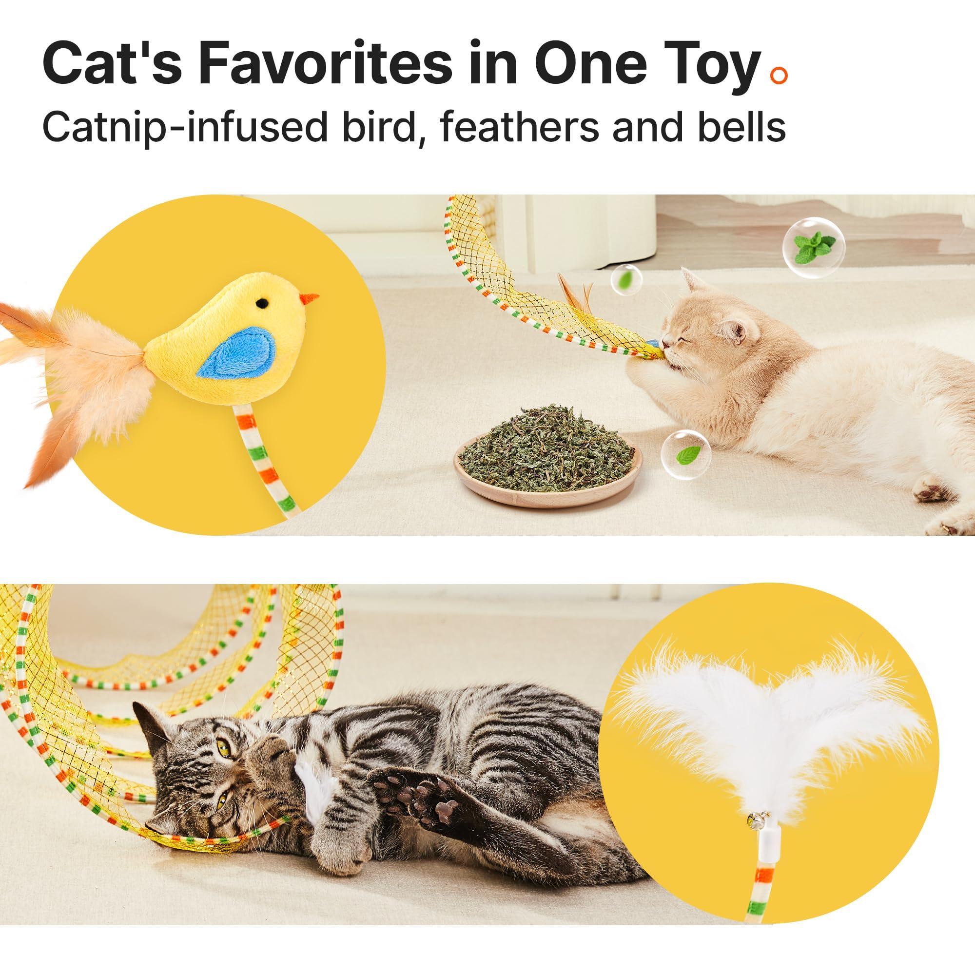 Spiral Tunnel Cat Toy, Cat Self Play Spiral Kitten Collapsible Spring Tunnel Toy for Indoor Cats with Feather and Bell, 20 Inches Unfolded