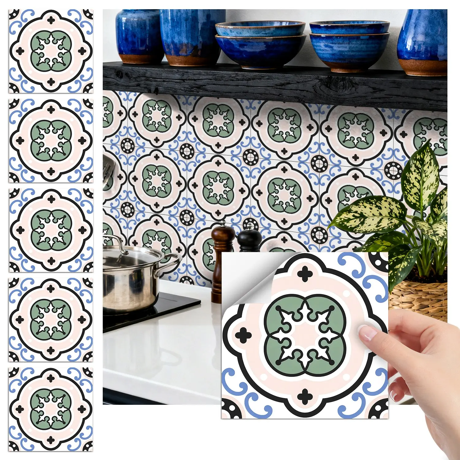 Vintage Moroccan Tile Peel and Stick Wall Stickers, Waterproof Self Adhesive, Kitchen Backsplash Decor, Removable No Residue, Easy DIY Installation