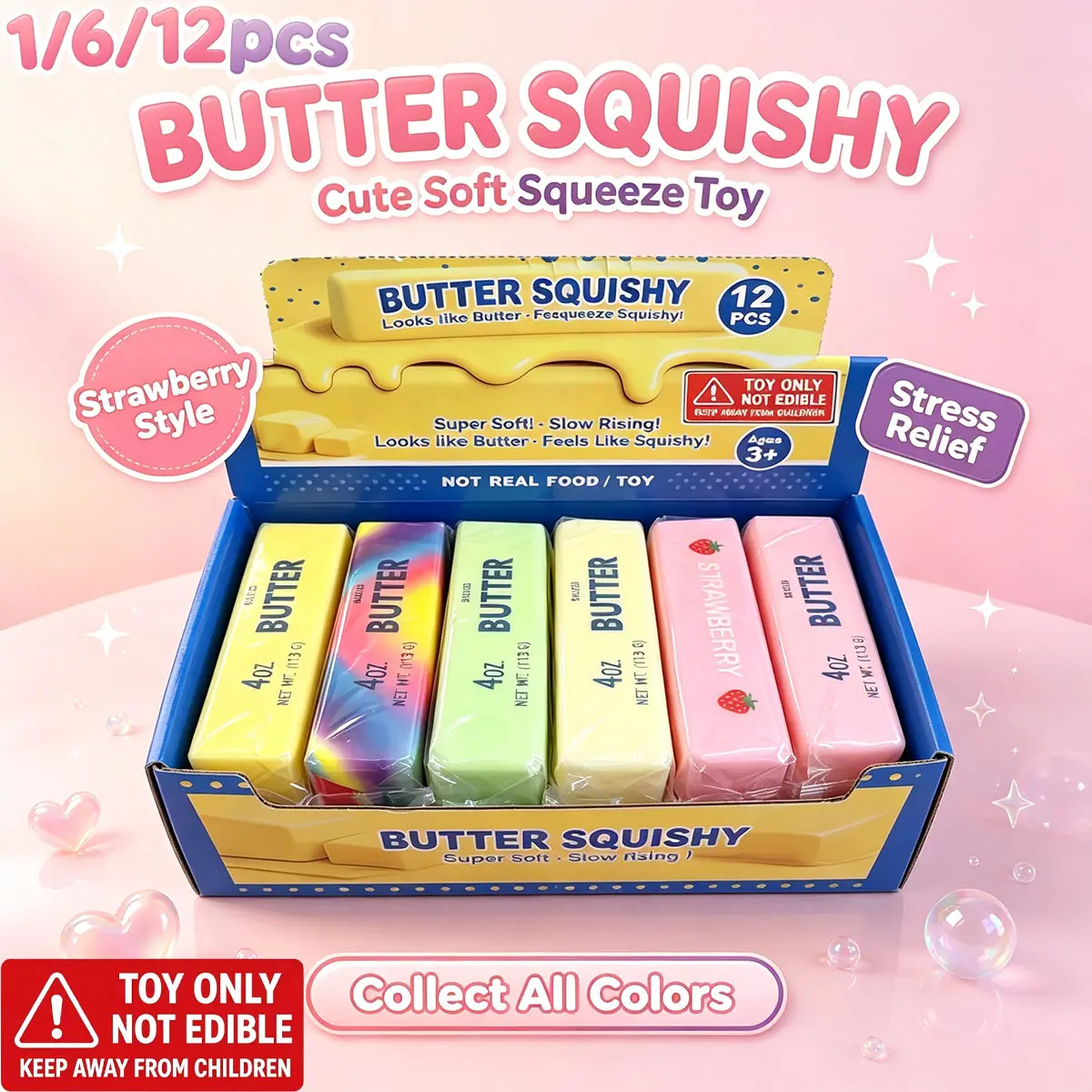 1/6/12pcs-Butter Squishy Slow Rising Squeeze Toys, Soft Simulated Butter Stress Relief Squishies Fidget Toy, Cute Kawaii Hand Pinch Sensory Toy for Anxiety Relief, Available in 1/6/12 PCS, Not Edible
