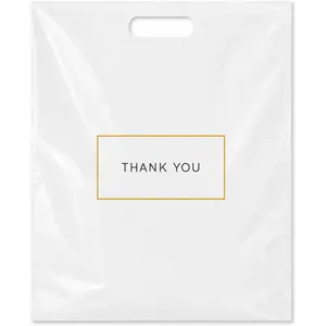 White Plastic Shopping Bags with Handles, Thank You Boutiue Retail Bags, Large 16" x 18", 100 Pack for Merchandise, Gifts, Small Business & Trade Shows