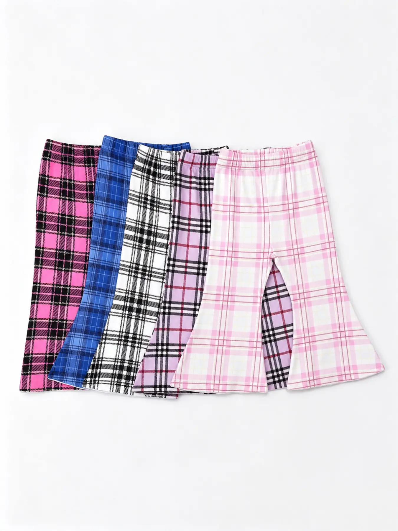 Five-Piece Baby Girl Bell Bottom Pants, Multi-Color Gingham Pattern, Suitable for All Seasons, Casual for Outdoor Activities, Toddler Pants