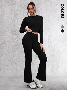 Women's 2-Piece Yoga Set, Long Sleeve Crop Top & High Waist Flare Pants, High Stretch Running Fitness Clothes, Comfortable Skin-Friendly Sportswear