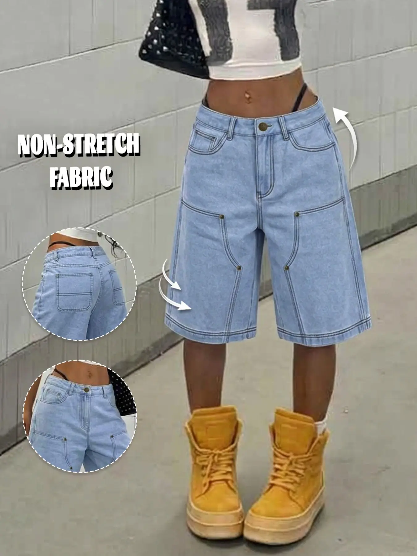 GILIPUR Light Blue High-Waisted Utility Denim Bermuda Shorts – American Vintage Style, Non-Stretch, Double-Knee & Rivet Detail; Wide-Leg Straight-Cut Streetwear Style (TChic)