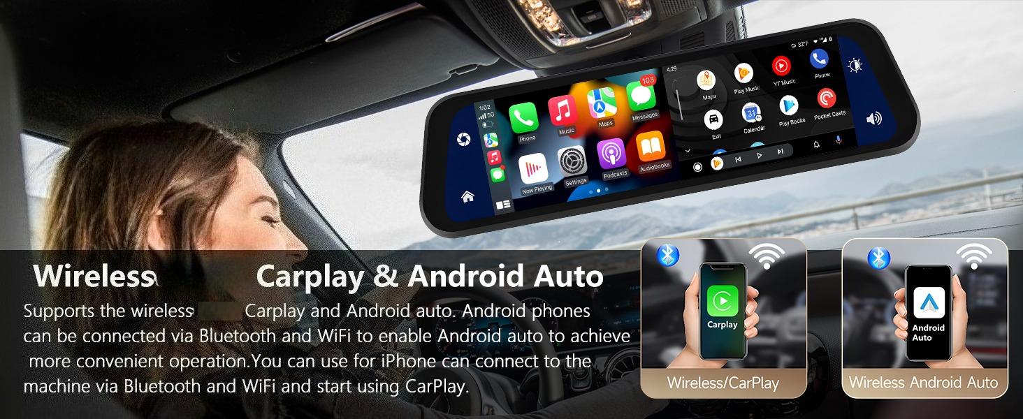 9.66" Carplay Mirror Dash Cam with Android Auto, Rear View Mirror Camera Front and Rear Dual Cameras Support Voice Control Night Vision Parking Assistance Monitoring 64G TF Card