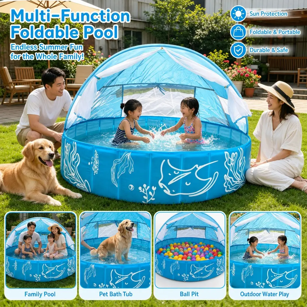 120*30cm Kiddie Pool with Canopy, Foldable Inflatable Toddler Swimming Pool, Backyard Summer Water Play for Kids, Fun Outdoor Activity