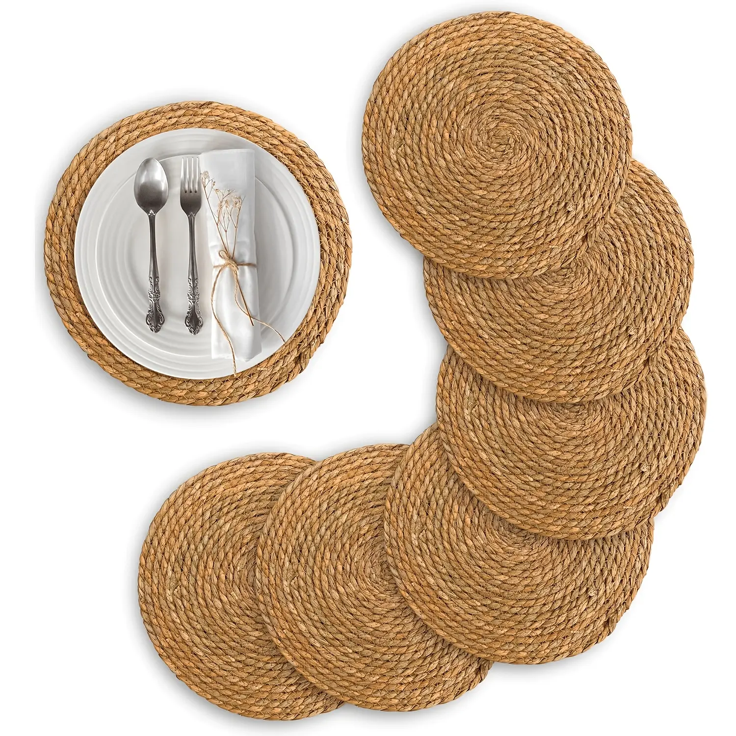 4/8Pcs Round Placemats, Round Woven Placemats, Natural Beige Heat‑Resistant Table Mats, Hand‑Washable Table Decor for Dining Room and Christmas Table Setting, Artisanal‑Look Tableware Accessories, Practical Daily Dining Essentials for Home
