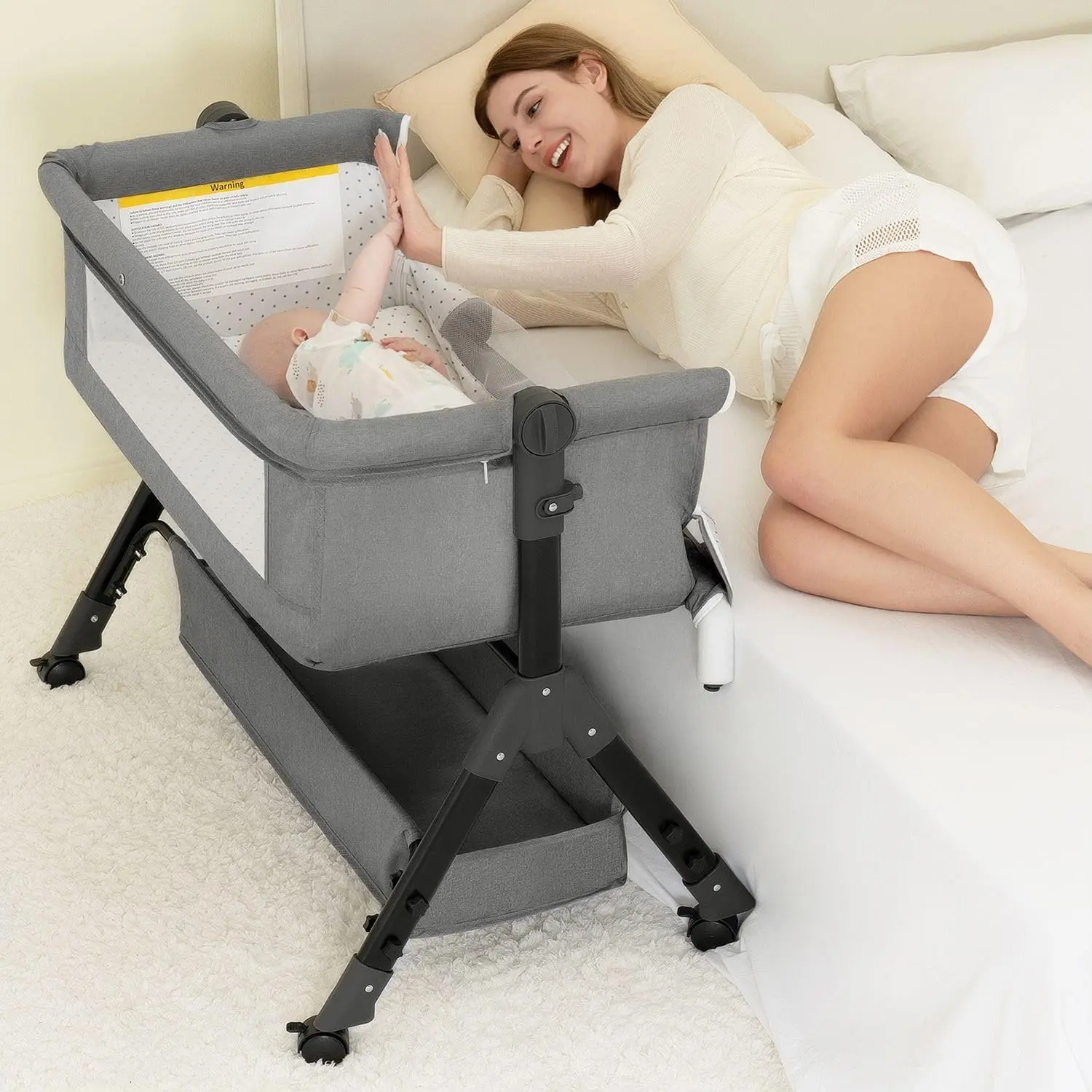 3 in 1 Baby Bassinet Bedside Sleeper, Bedside Crib  Baby, Adjustable Baby Bassinet with Wheels, Storage Basket, Mattress, Easy Assemble & Folding Portable Baby Cradle (Grey)