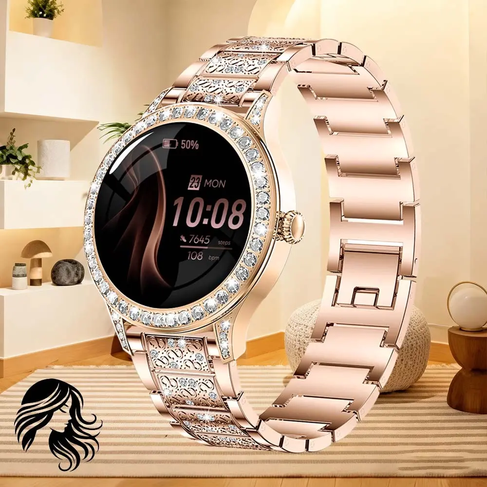 New Fashion Women Smartwatch Android/iOS Compatible IP68 Water Resistant 1.27 Inch HD Screen Digital Watch With 2Straps Fitness Tracker Supports BT Calls Answer&Make Activity tracker 100+ Exercise Modes Diamond Laden Luxurious Appearance Wearable Wristwat