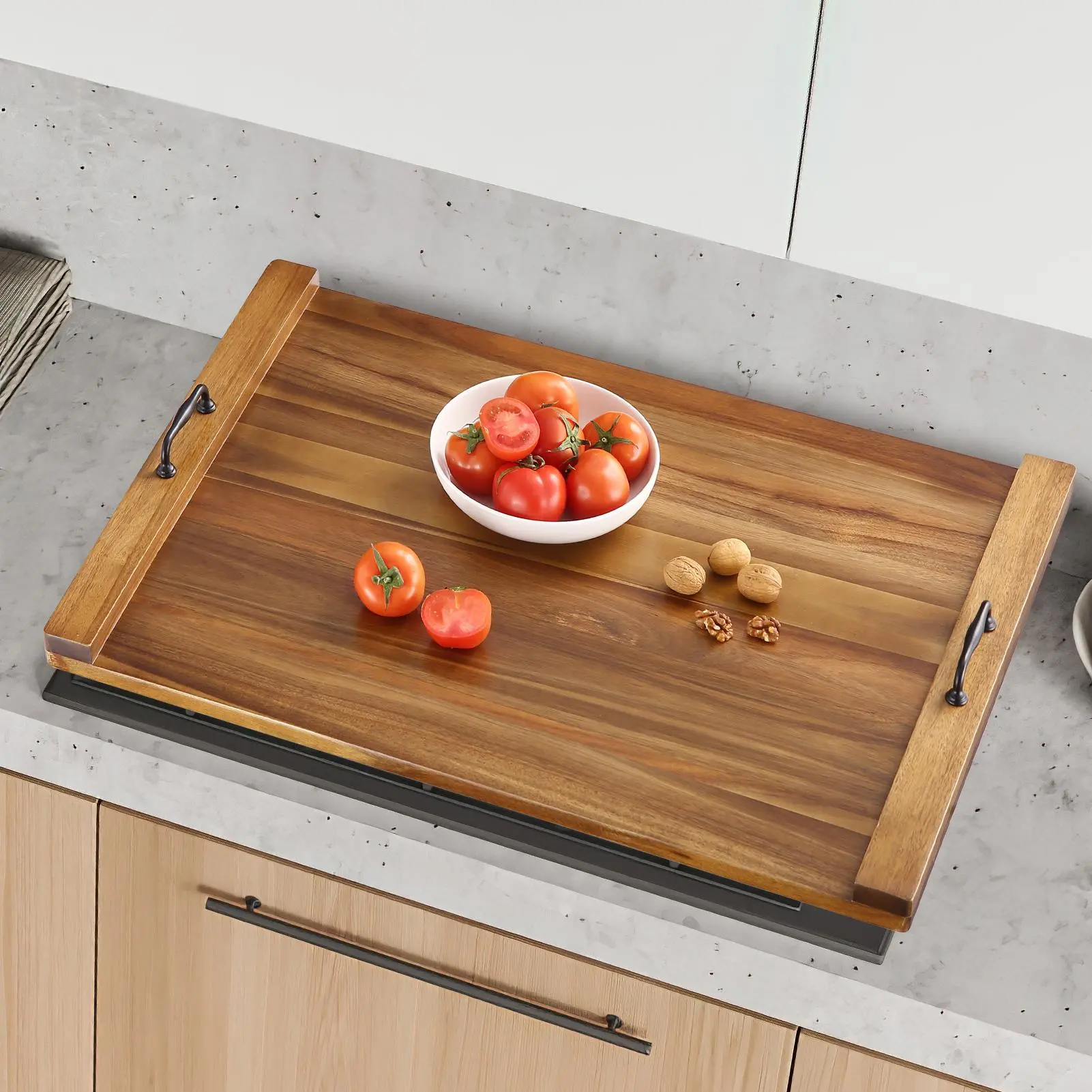 2-in-1 Large Acacia Wooden Cutting Board - Non-Toxic Wooden Chopping Board, Over-the-Sink Gas/Electric Range Protector, Kitchen Accessories, Countertop Space Extender, Handle-Equipped Serving Tray for Prep, Cuttingboard, Non Toxic Cutting Board