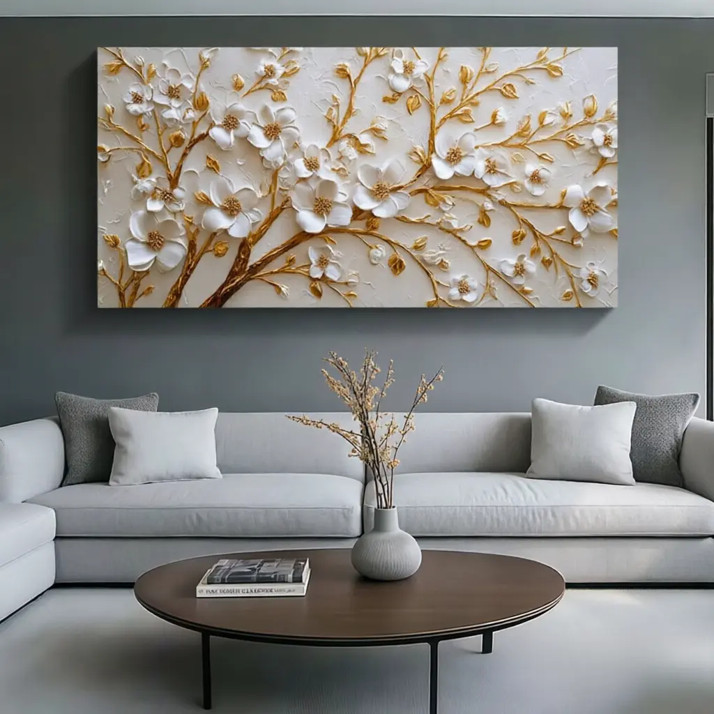 Large-Sized Flat-Print Canvas Painting, New Year-Themed with Golden Flowers and Geometric Patterns, Floral Decor for Living Rooms and Bedrooms wall decor leopard print wall art posters whimsy decor