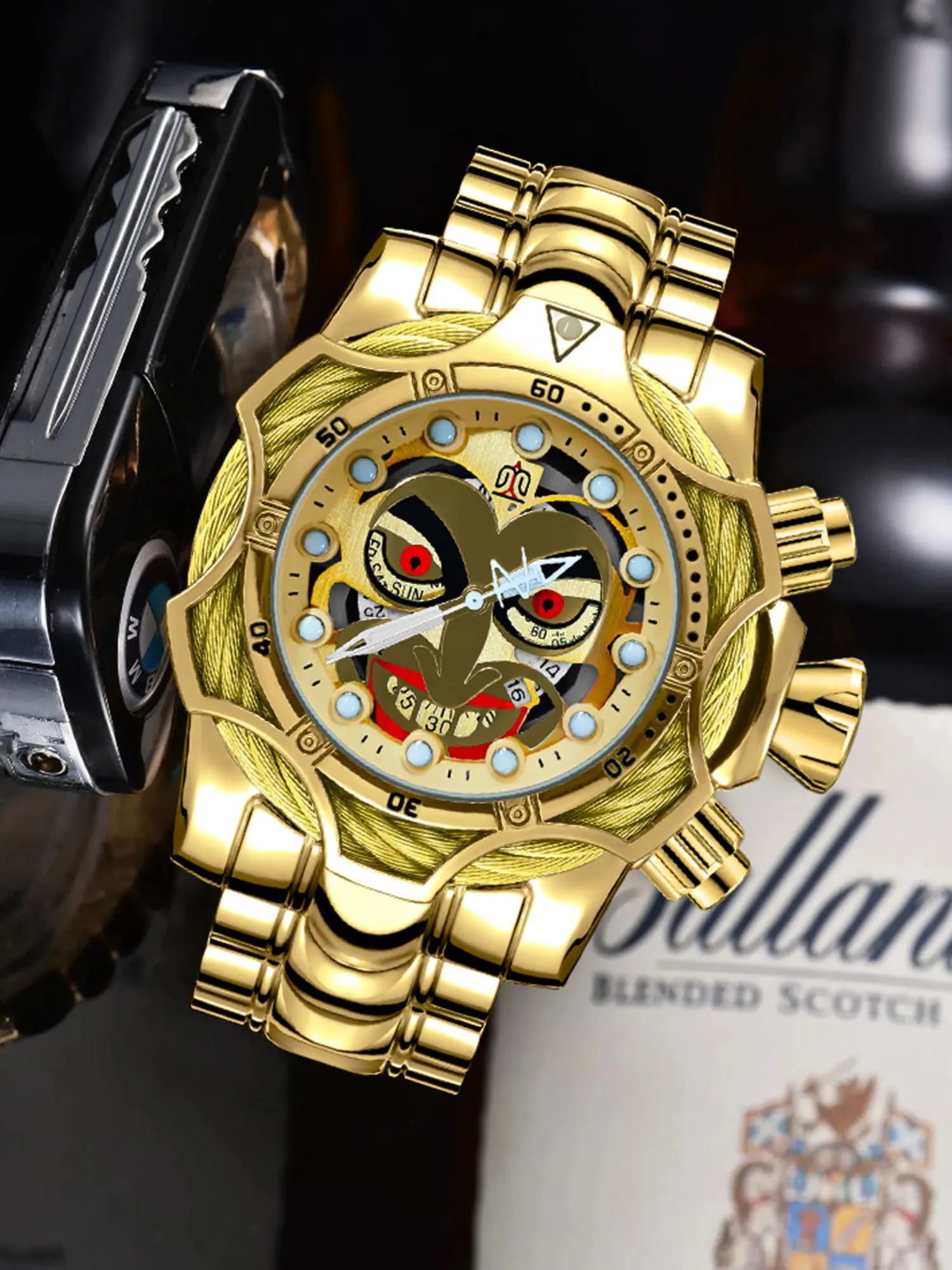 Oversized Punk Style Clown Dial Men's Watch, Rotating Dial Design for a Bold Look, Gift Box Packaging for Party Gifts