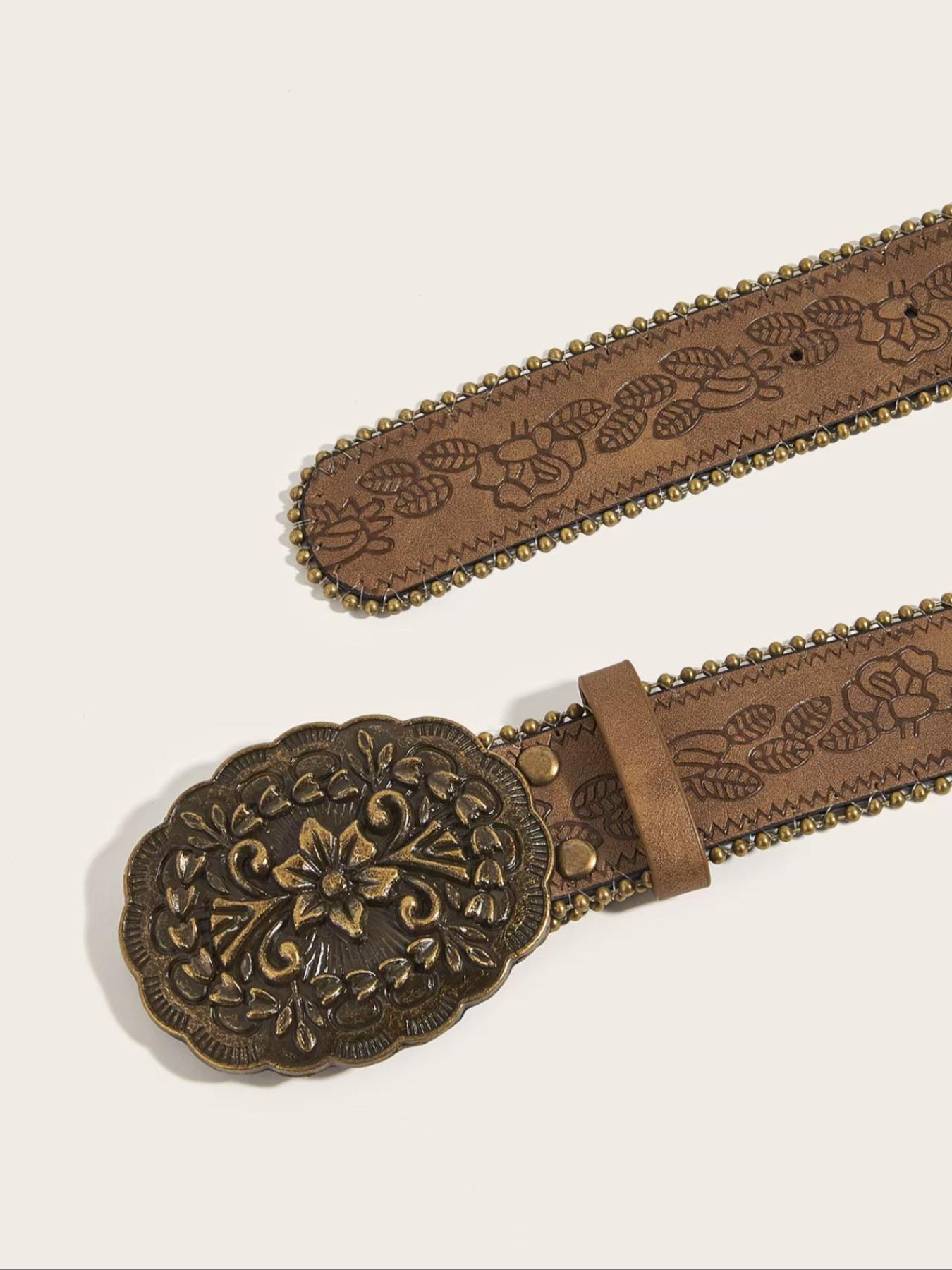 Boho Western Style Vintage Print with Metal Buckle, Pearl Decorative Edges, Perfect for Dresses & Jeans, All Season Wear, Western Belts