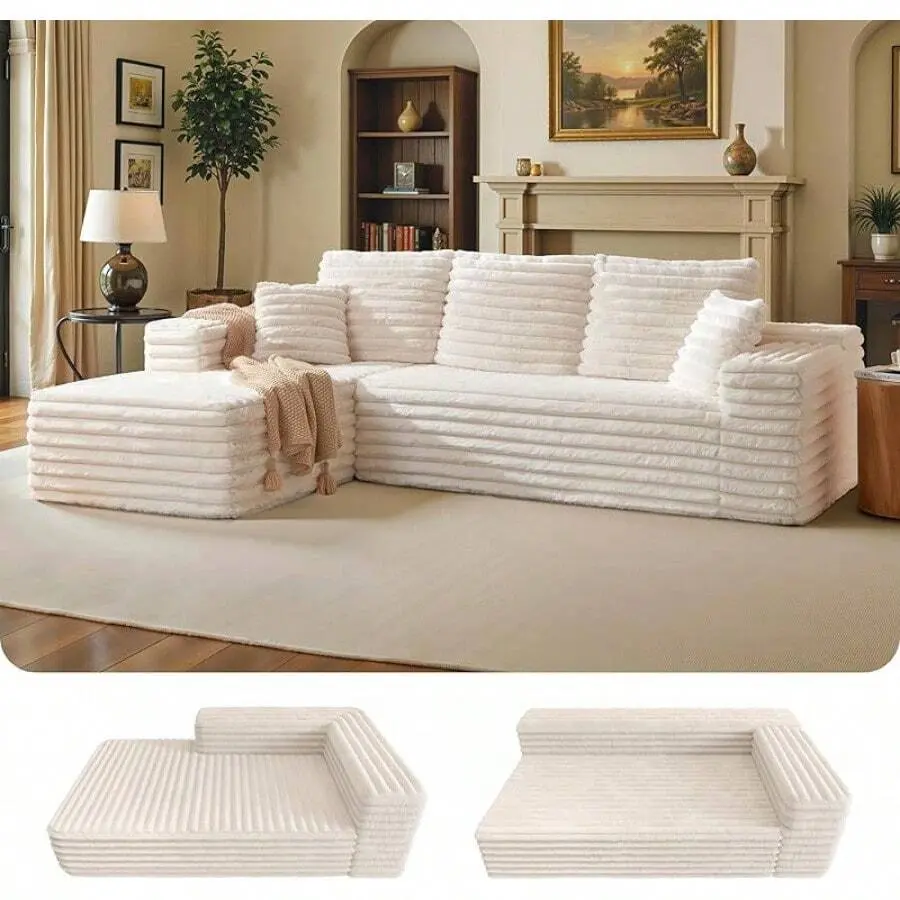 106 Inch Oversized Modular Sectional Sofa Living Room, Deep Seat L-Shaped Cloud Couch With Plush Corduroy Upholstery, Modern Boneless Design, Tool-Free Assembly, Cream