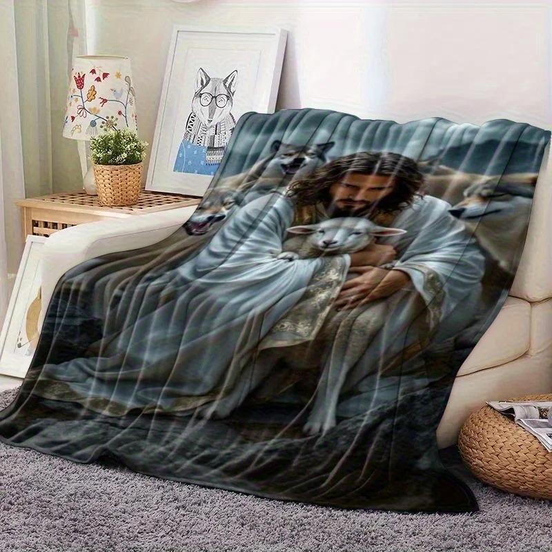 God's Redemption Jesus Sheep Design Flannel Blanket Digital Plush Nap Blanket Soft Warm for All Seasons Ideal for Sofa Office Travel Camping Bed Use