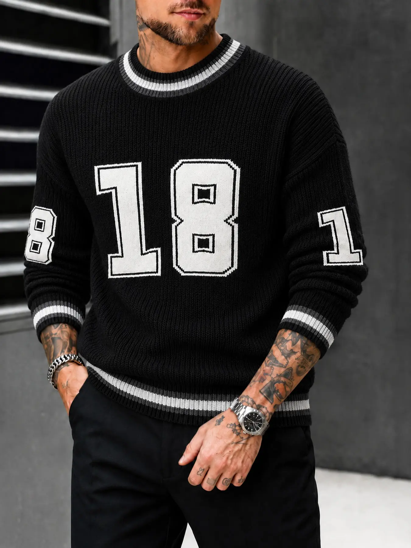 Men's Varsity Striped Crew Neck Sweater, Number 18 Letter Graphic, Long Sleeve, Relaxed Fit, Fall Winter Vintage Sporty Knit Top