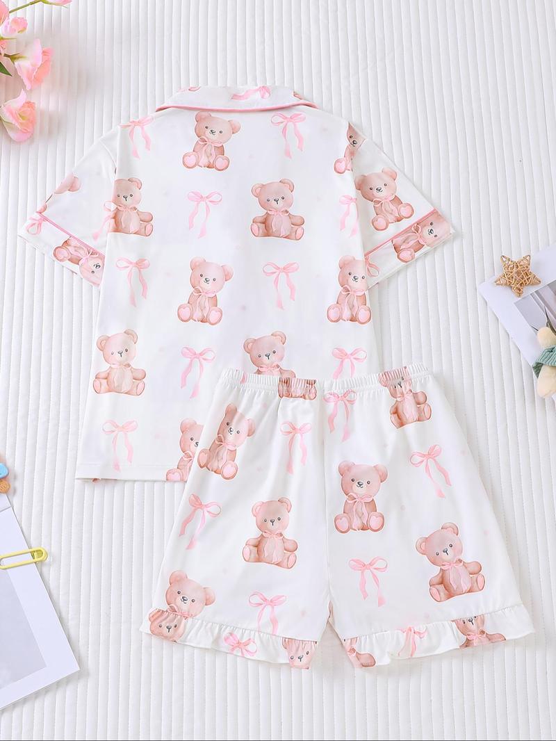 Girl's Bow Print Top & Shorts Pyjama Sets, Cute Casual Comfy Short Sleeve Top & Shorts Set, Kids Sleepwear for Summer, Pajama Set