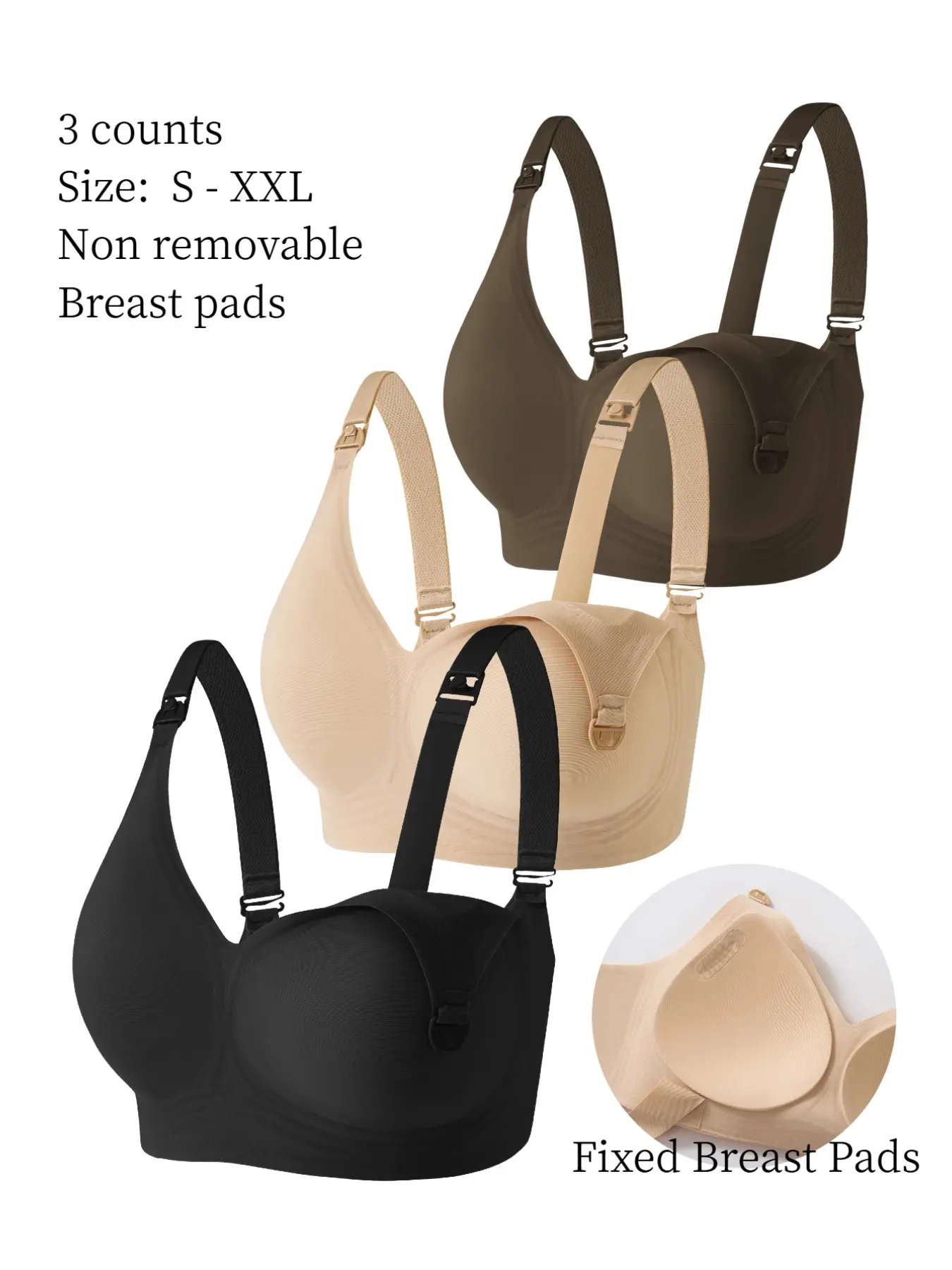 3-Pack Seamless Breastfeeding Bras, Soft Comfortable, Half-Fixed Pads, No Underwire, All-Season Postpartum Nursing Bras