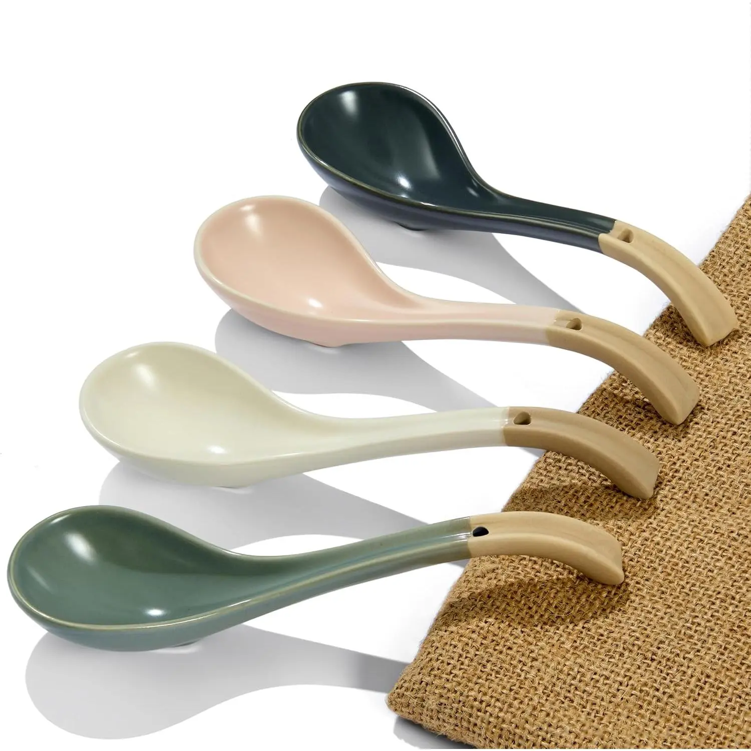 Ceramic Soup Spoon, with Long Handle Easy to Hold, Non-slip Bottom, for  Ramen, Chinese and Vietnamese Wonton, Noodle Soup Spoons (V38)