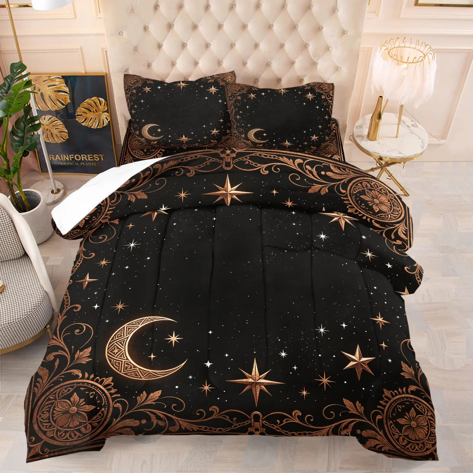 2/3Pcs Vintage Bronze Moon Star Duvet Cover Set Soft Breathable Gothic Celestial Print Anti Fade Bedding Set Ornate Antique Border Mystic Night Sky Bed Linen For Adult Bedroom Aesthetic Decor Decorative Bedding Set
