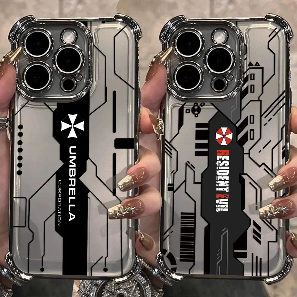 Cyber Tech Circuit Badge Clear Phone Case, Electroplated 4-Corner Airbag Clear TPU Shockproof Cover for iPhone 17 16 15 14 13 12 11 Pro Max Air